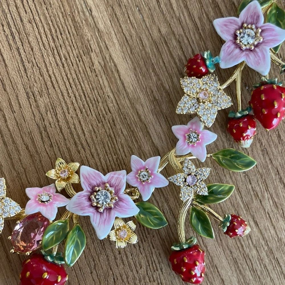 Anthropologie Pink, Red & Green Strawberry Floral Necklace - Picture 8 of 10